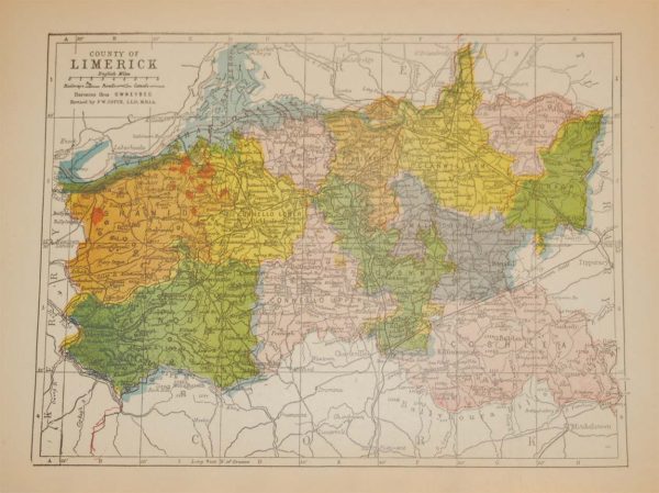 Antique map from 1902 of County Limerick. The map breaks the county down into it’s historical baronies.