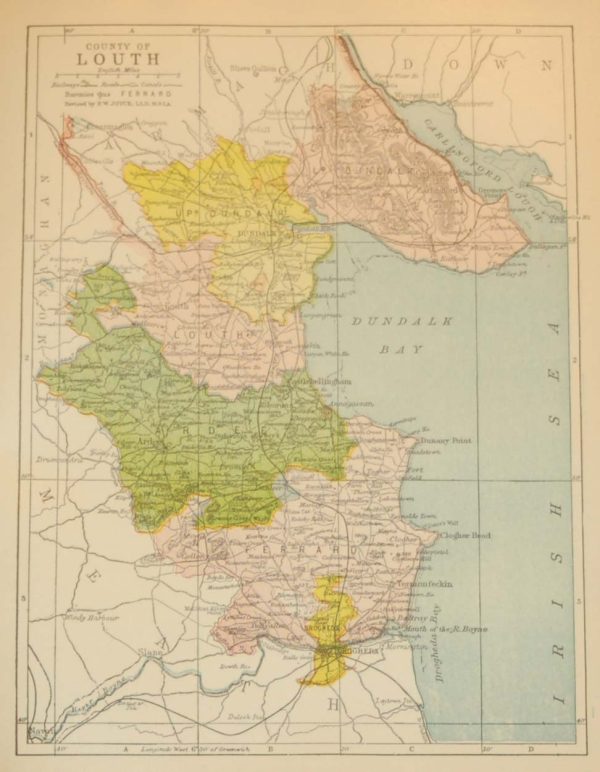 Antique map from 1902 of County Louth. The map breaks the county down into it’s historical baronies.