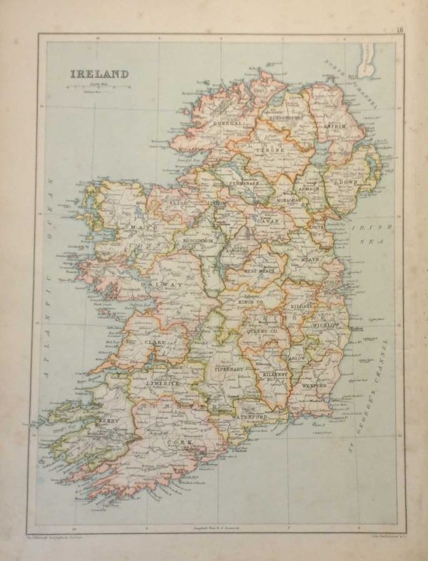Antique map of Ireland by John Bartholomew from circa 1890 published by John Bartholomew & Co.