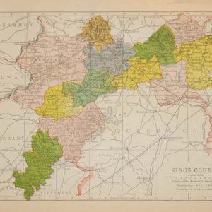 Antique map of County Offaly (Kings County on map). The map breaks the county down into it’s historical baronies including Kilcoursey, Garrycastle, Ballycowan, Lr Philipstown, Warrenstown, Coolestown, Ballyboy, Eglish, Ballybrit, Clonlisky, Geashill.