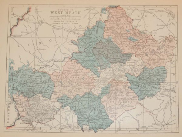 Antique map from 1902 of County Westmeath. The map breaks the county down into it’s historical baronies.