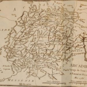 Antique Map published in Paris in 1790, dated 1786. The map is of Arcadie in Greece and is a copper plate printing. Arcadie  is a region in the central Peloponnese.