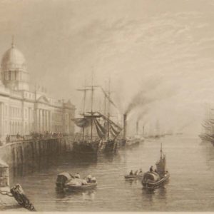 Antique print from 1841 of the Customs House in Dublin. The print was engraved by T Higham and is after a drawing by William Bartlett.