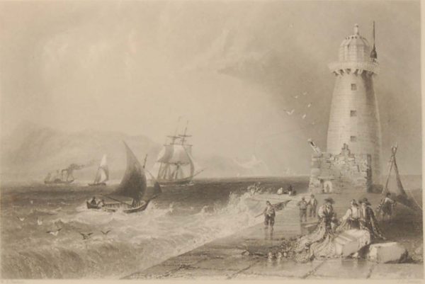 Antique print from 1841 of South Wall Lighthouse with Howth Hill. The print was engraved by J C Bentley and is after a drawing by William Bartlett.