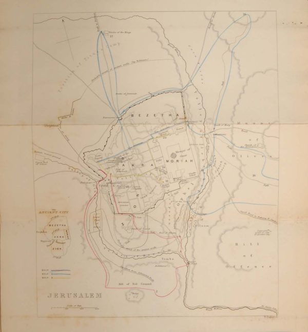 Antique map of Jerusalem published in 1844. The map was done by William Hughes and was originally part of a larger publication by W H Bartlett.
