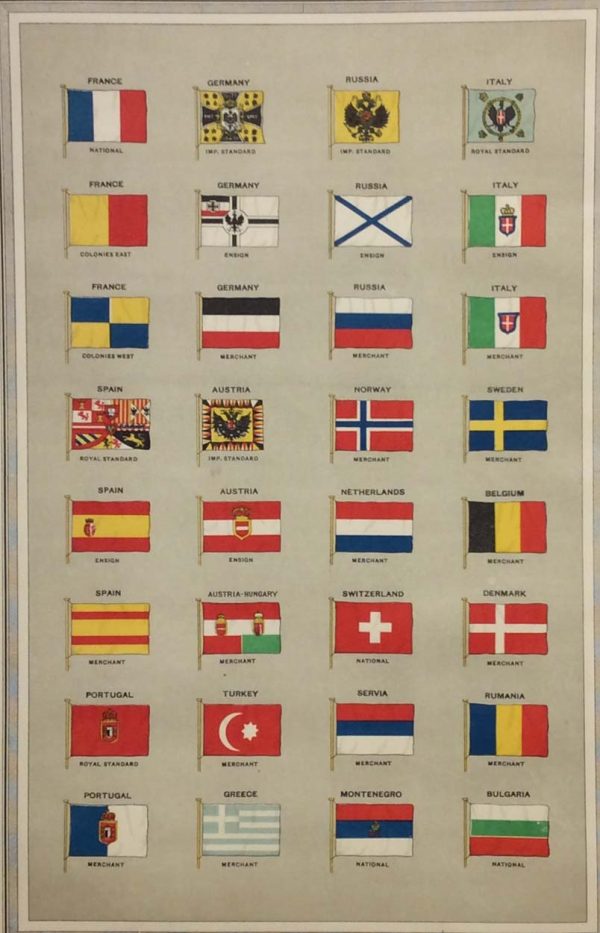 Antique print from 1907 of European Flags.