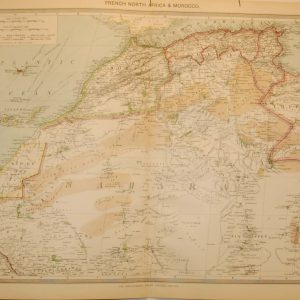 Antique Map from 1907 titled French North Africa and Morocco.  The map outlines the French areas in north Africa at the time including Morocco, Algeria, Tripoli and the Sahara.
