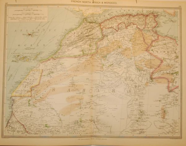 Antique Map from 1907 titled French North Africa and Morocco.  The map outlines the French areas in north Africa at the time including Morocco, Algeria, Tripoli and the Sahara.