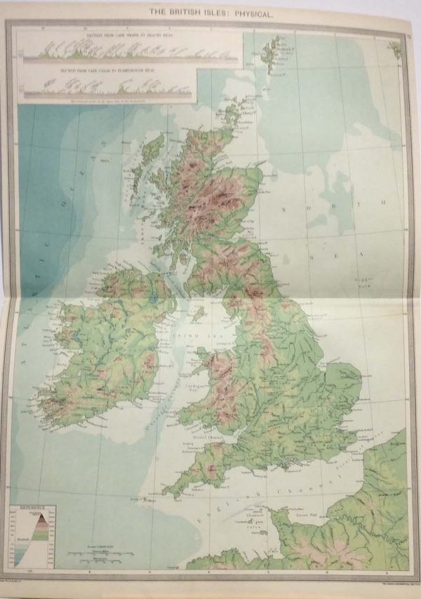 Antique Map from 1907 titled the British Isles Physical.  The map outlines the UK and Ireland by land height and mountain sizes.