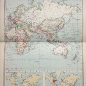 Antique Map from 1907 titled the Old World showing British possessions and trade routes.  The map is a world map with two smaller maps at the bottom, one showing Spanish and Portuguese possessions