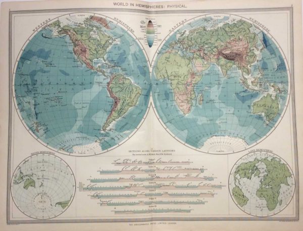 Antique Map from 1907 titled the World in Hemispheres Physical.  The map is a world map with two smaller maps at the bottom, showing land and water.