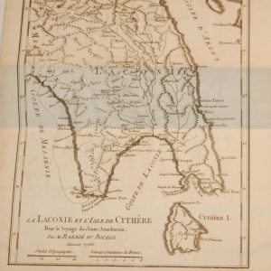 Antique Bocage Map published in Paris in 1790, dated 1786. The maps title is La Laconie et l'isle de Cythére and is a copper plate printing.