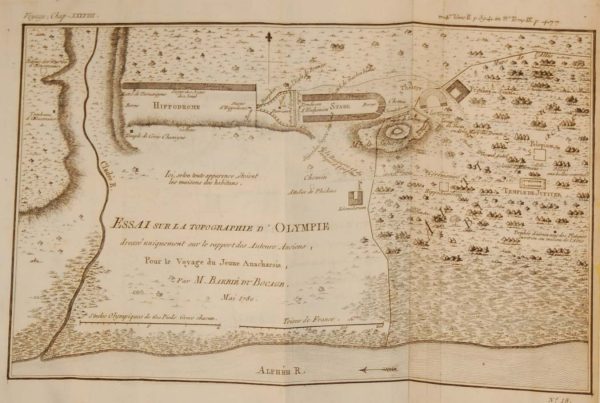 Antique Map published in Paris in 1790, dated 1786. The map is of Olympia the site of the first Olympics titled Essai sur la Topgraphie d'olympie. It is plate No 18 from the set. 
