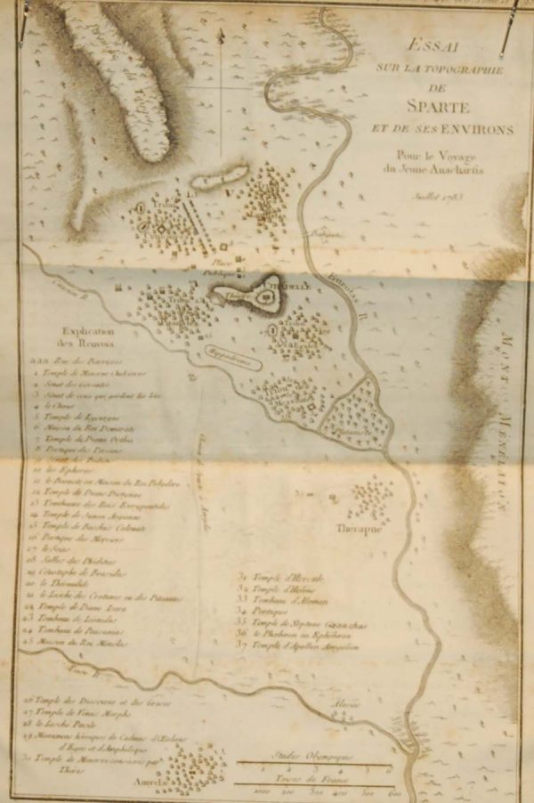 Antique Map published in Paris in 1790, dated 1786. The map is titled Essai sur la Topgraphie de sparta et de ses Environs. It is plate No 21 from the set.