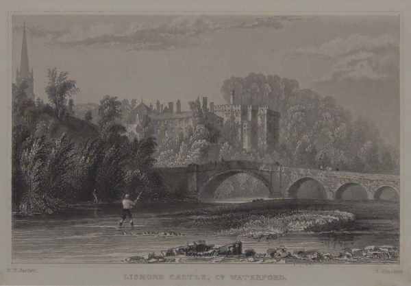 Antique print from 1832 of Lismore Castle, County Waterford. The print was engraved by Robert Brandard and is after a drawing by W H Bartlett.
