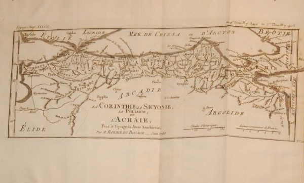 Antique Map published in Paris in 1790, dated 1786. The map is titled La Corintheie, la Sicyonie, La Philiasie et L'Achaie. It is plate No 16 from the set. 