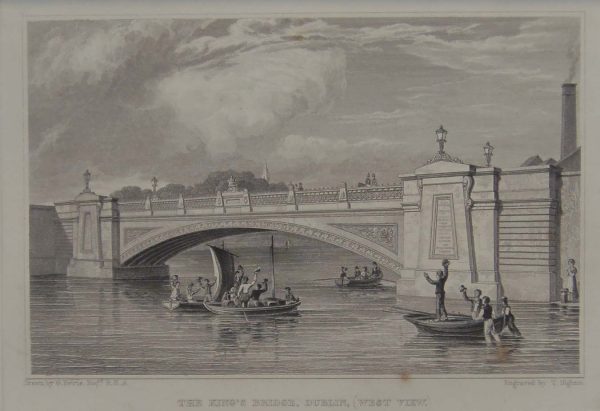 Antique print from 1832 of The Kings Bridge Dublin West View. The print was engraved by T Higham and is after a drawing by George Petrie.