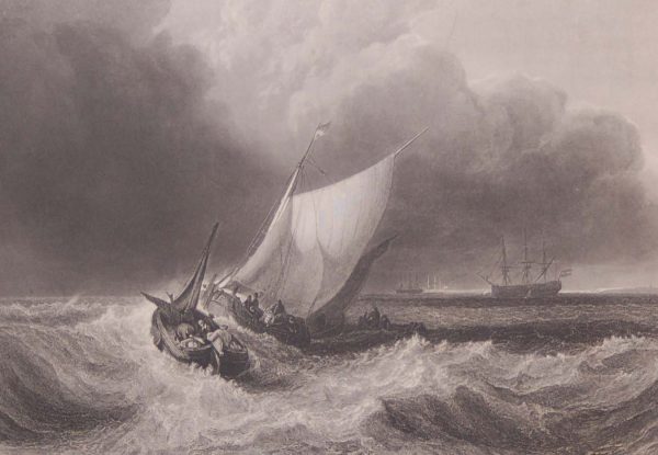 Antique print from 1878 titled Dutch Boats in a Gale. After the painting by JMW Turner and engraved by J C Armytage.