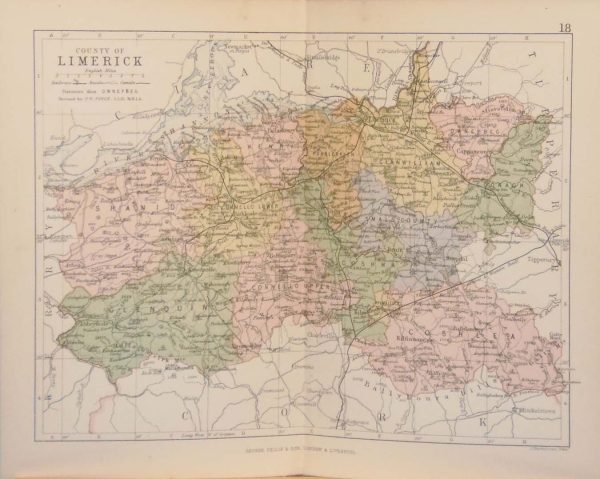 1884 Antique Colour Map of The County of Limerick printed by George Philips, with the map constructed by John Bartholomew and edited by P. W. Joyce.