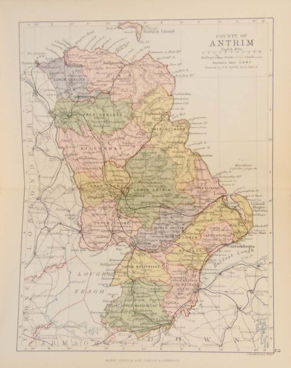 1884 Antique Colour Map of The County of Antrim printed by George Philips, with the map constructed by John Bartholomew and edited by P. W. Joyce.