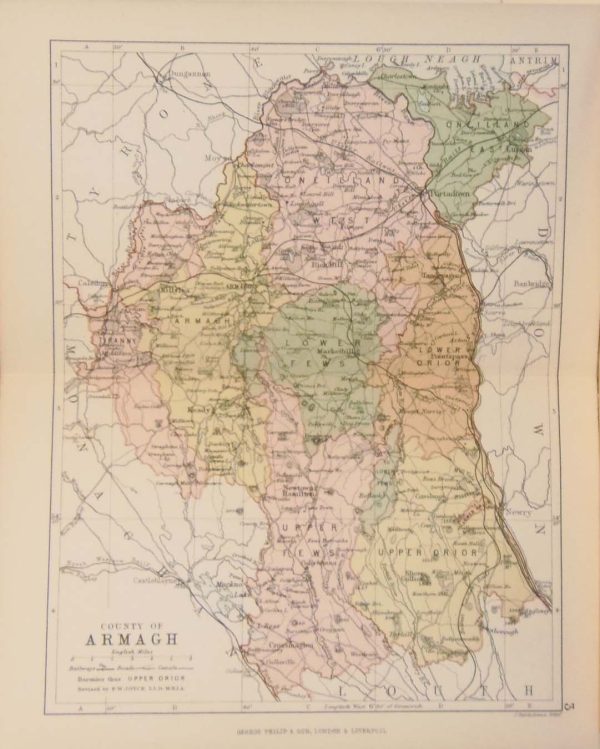 1884 Antique Colour Map of The County of Armagh printed by George Philips, with the map constructed by John Bartholomew and edited by P. W. Joyce.