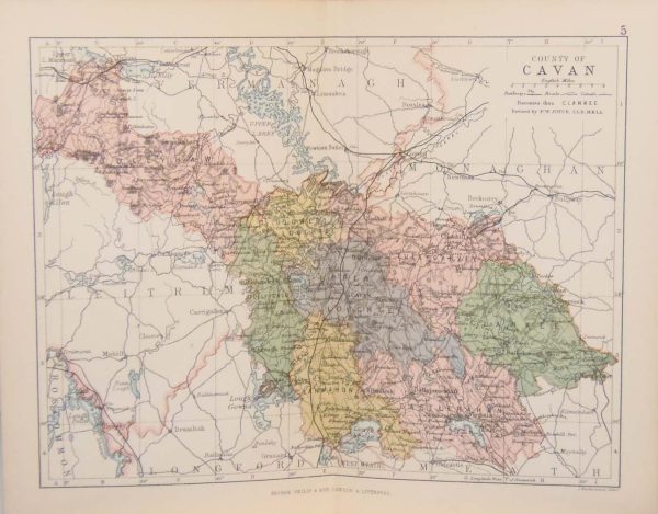 1884 Antique Colour Map of The County of Cavan printed by George Philips, with the map constructed by John Bartholomew and edited by P. W. Joyce.