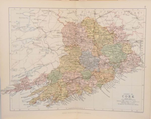 1884 Antique Colour Map of The County of Cork printed by George Philips, with the map constructed by John Bartholomew and edited by P. W. Joyce.