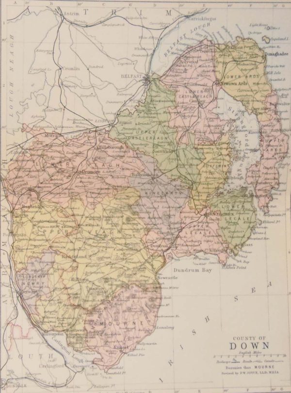 1884 Antique Colour Map of The County of Down printed by George Philips, with the map constructed by John Bartholomew and edited by P. W. Joyce.