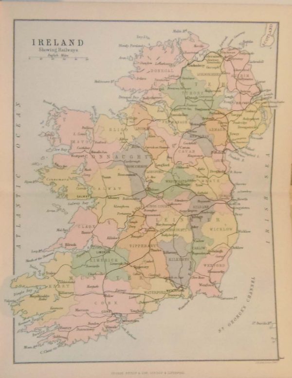 1884 Antique Colour Map of Ireland printed by George Philips, with the map constructed by John Bartholomew and edited by P. W. Joyce.