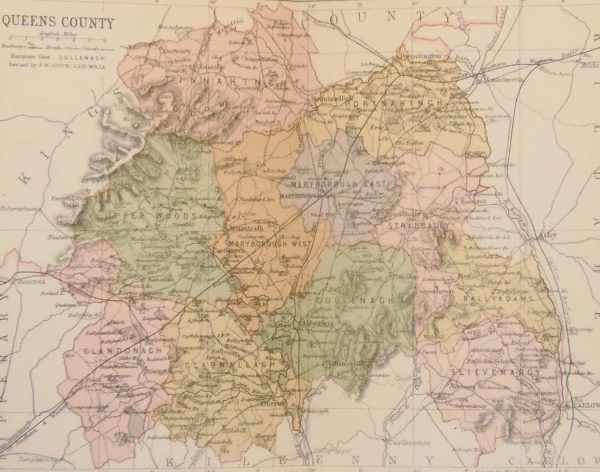 1884 Antique Colour Map of The County of Laois printed by George Philips, with the map constructed by John Bartholomew and edited by P. W. Joyce.