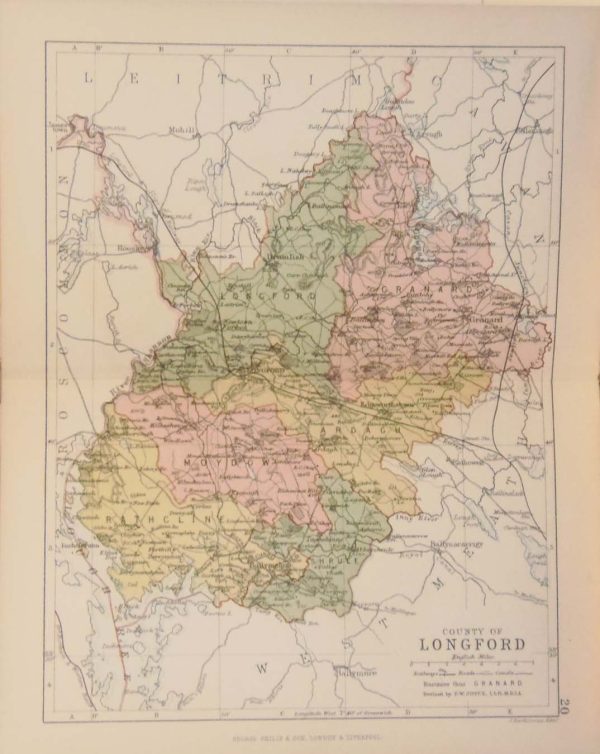 1884 Antique Colour Map of The County of Longford printed by George Philips, with the map constructed by John Bartholomew and edited by P. W. Joyce.