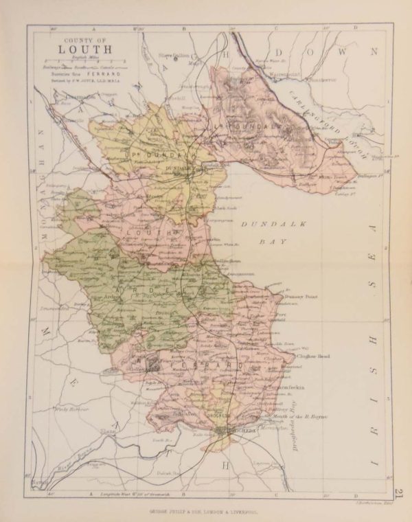 1884 Antique Colour Map of The County of Louth printed by George Philips, with the map constructed by John Bartholomew and edited by P. W. Joyce.