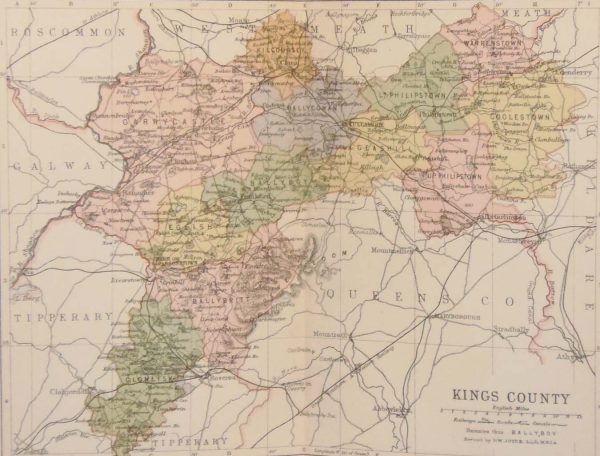 1884 Antique Colour Map of The County of Offaly printed by George Philips, with the map constructed by John Bartholomew and edited by P. W. Joyce.