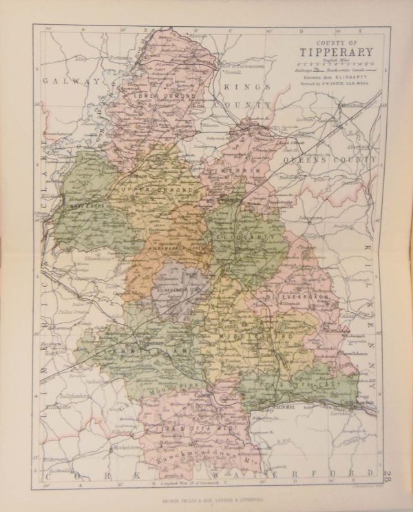 1884 Antique Colour Map of The County of Tipperary printed by George Philips, with the map constructed by John Bartholomew and edited by P. W. Joyce.