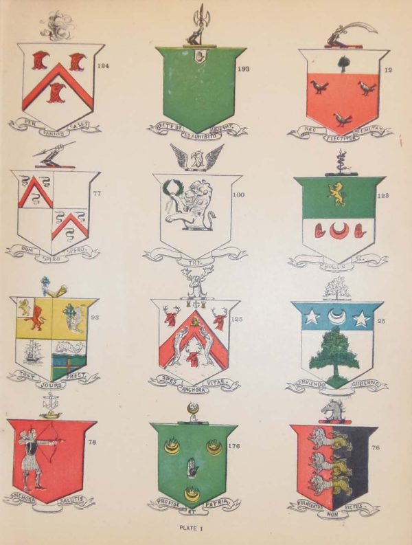 plate 1 and has the coat of arms for Casey, Fennessey, Gillon, McGovern, McLoughlin, Cotter, Mcartan, O'Hara, Mc Allister, plus other unidentified crests.