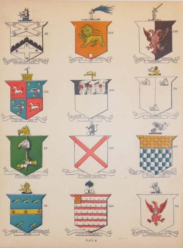 print is plate 2 and has the coat of arms for Hussey (335), Joyce (24), Fay (16), Fleming (295), Gould (79), Hart (323), Arthur (323), Browne (169), Comerford (102), Evans (34), Falvey (323), O'Hart (323), plus other unidentified crests. Some crests are linked to more than one family.