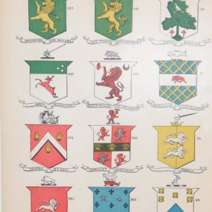 This print is plate 4 and has the coat of arms for Wood (151), Jordan (98), Jourdan (98), Kehoe (189), Keogh (189), Byrne (151), D'Arcy (201), Davis (29), Dogherty (367), McCann (3), O'Connor (181), O'Rourke (82), O'Toole (221), Farrell (137), plus other unidentified crests. Some crests are linked to more than one family.