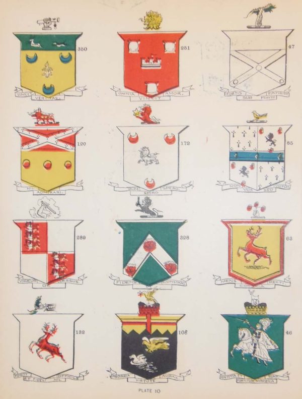 This print is plate 10 and has the coat of arms for Tracey (108), Kearin (328), Kearns (328), Kenny (350), Madagan (108) Madden (108), Fitzpatrick (47), Bryan (289), Cairns (328), Mc Carthy (132), Mc Cartney (63), Nagle (85), Nangle (85), Ray (132), Redmond (251), plus other unidentified crests. Some crests are linked to more than one family.