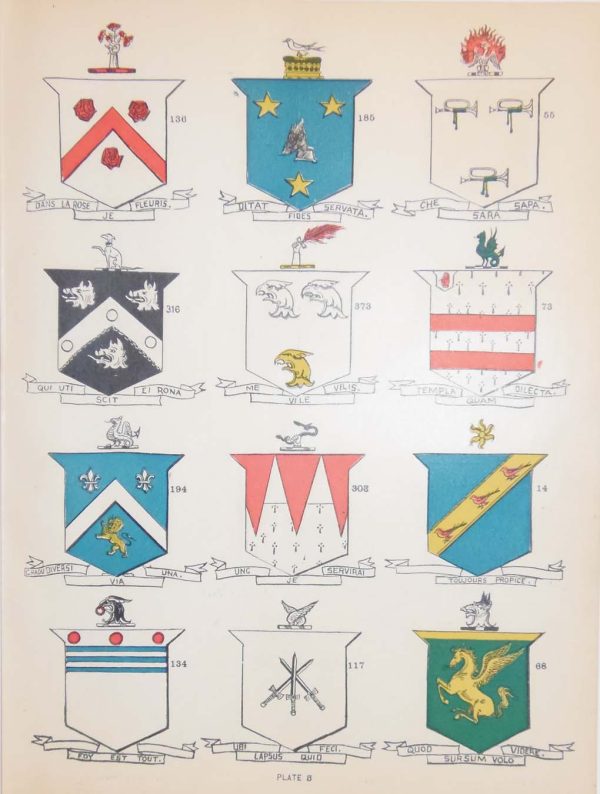 print is plate 5 and has the coat of arms for Nugent (75), Quinn (68), Russell (55), Murray (185), Dawson (14), Gilligan (68), Grey (134), Griffin (373), Herbert (303), Hill (316), White (136), plus other unidentified crests. Some crests are linked to more than one family.