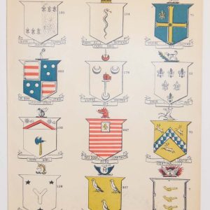 This print is plate 7 and has the coat of arms for Counihan (126), Saunders (130), Ireland (53), Faulkner (307), Dane (154), Bennett (223), Caulfield (247), Connelly (103), McMullen (178), Molyneux (71), Moylan (178), Mullane (178), plus other unidentified crests. Some crests are linked to more than one family.