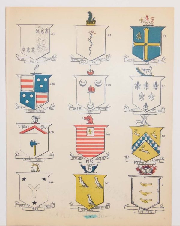 This print is plate 7 and has the coat of arms for Counihan (126), Saunders (130), Ireland (53), Faulkner (307), Dane (154), Bennett (223), Caulfield (247), Connelly (103), McMullen (178), Molyneux (71), Moylan (178), Mullane (178), plus other unidentified crests. Some crests are linked to more than one family.