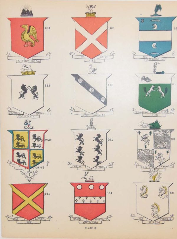This print is plate 8 and has the coat of arms for Kilroy (56), Baxter (333), Carey (149), Creighton (60), Cuddahy (184), Curry (252), Devereux (354), Donohue (51), Neville (192), Nevins (41), O'Donoghue (51), plus other unidentified crests. Some crests are linked to more than one family.