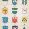 This print is plate 9 and has the coat of arms for Corrigan (83), Lanigan (4), Loftus (196), Barry (17), Broderick (375), Brodie (168), Brody (168), Burke (315), Coffey (208), Cole (54), plus other unidentified crests. Some crests are linked to more than one family.