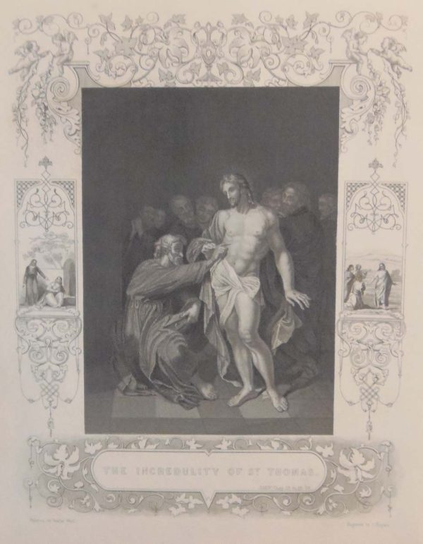 Antique print from the early 1840's to 1850's. Print is titled The Incredulity of St Thomas and was engraved by J Rogers, after a painting by Van Der Werff.