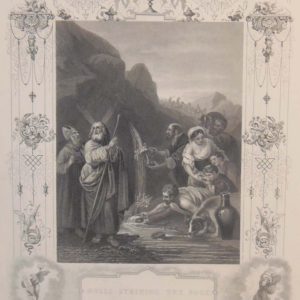 Antique print from the early 1840's to 1850's. Print is titled Moses Striking the Rock and was engraved by J Rogers, after a painting by Murillo.