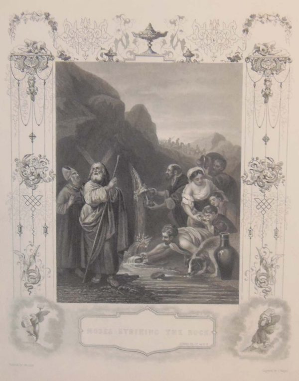 Antique print from the early 1840's to 1850's. Print is titled Moses Striking the Rock and was engraved by J Rogers, after a painting by Murillo.