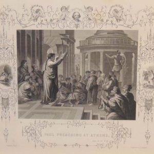 Antique Print titled Paul Preaching at Athens and was engraved by J Rogers, after a painting by Raphael.