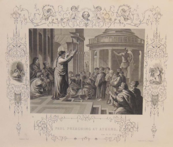 Antique Print titled Paul Preaching at Athens and was engraved by J Rogers, after a painting by Raphael.