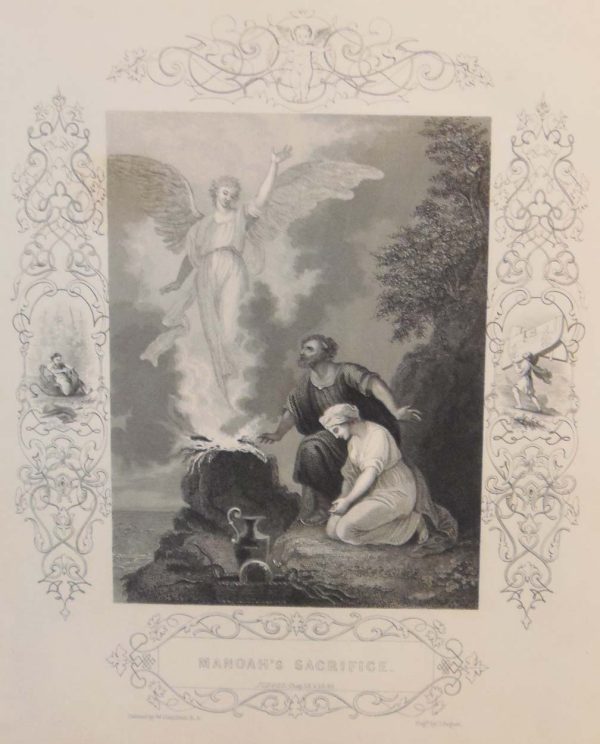 Antique print of religious and biblical interest from the early 1840's to 1850's. Print is titled Manoah's Sacrifice and was engraved by J Rogers, after a painting by W Hamilton R.A.