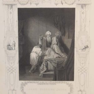 Antique print of religious and biblical interest from the early 1840's to 1850's. Print is titled Isaac Blessing Jacob and was engraved by J Rogers.